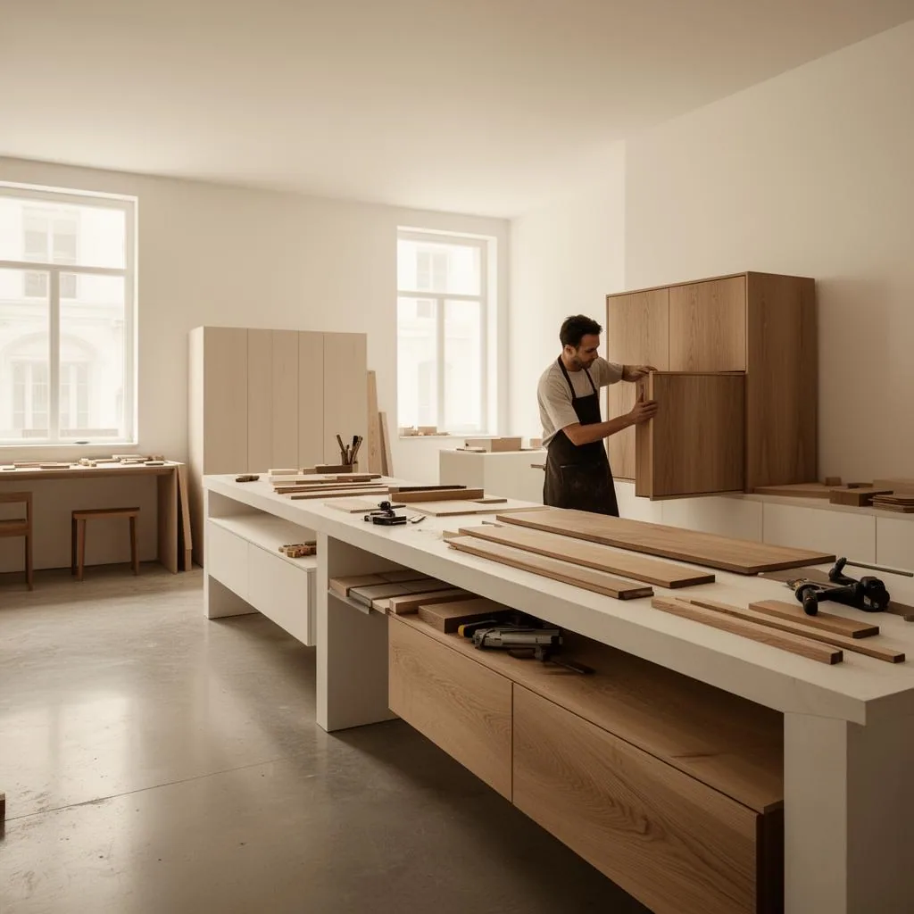 Master craftsman finishing a custom oak cabinet in our Budapest atelier