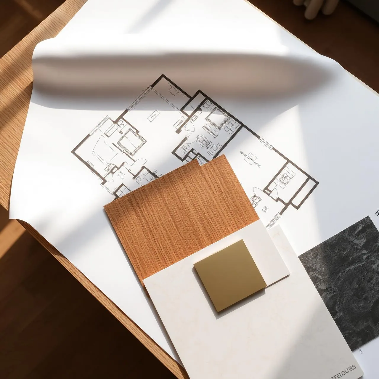 Floor plan and material samples for a Duna Terasz Vista apartment