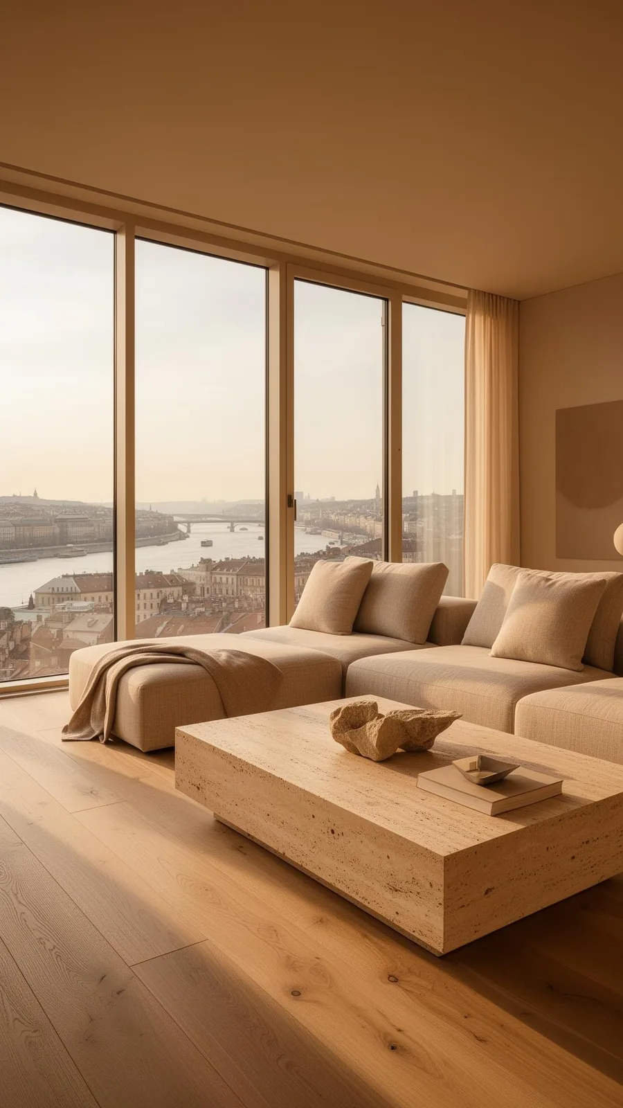 Luxury living room in a Duna Terasz Vista apartment overlooking the Danube
